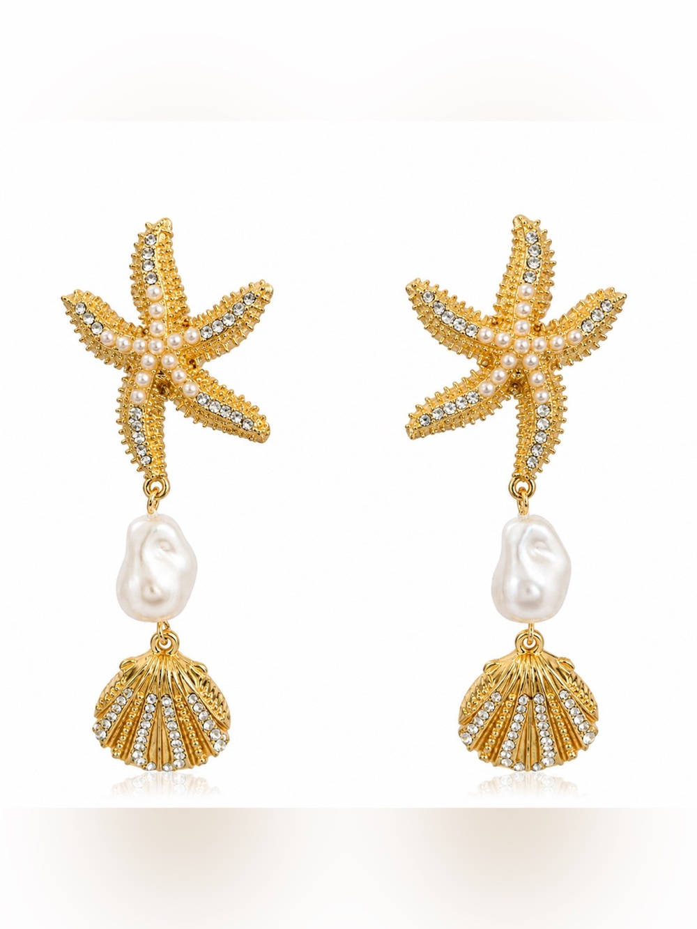 Zara Gold Starfish & Pearl Drop Earrings - Gold and White